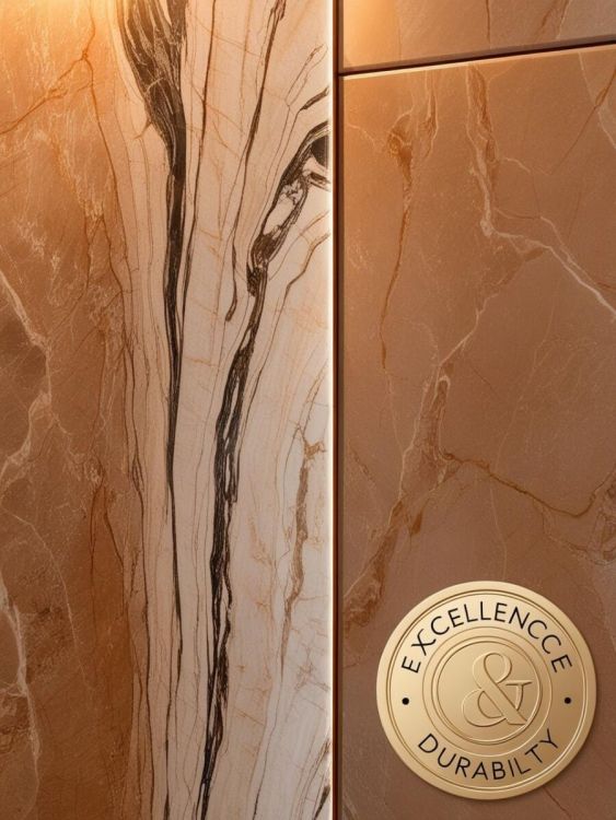 Une texture de granit haut de gamme avec une lumière douce mettant en valeur sa qualité, accompagnée d’un sceau Excellence & Durabilité